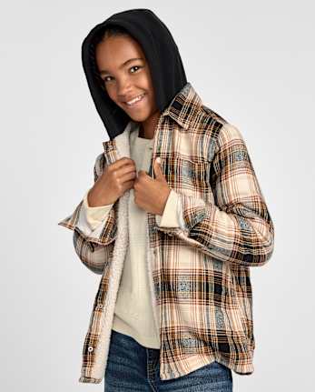 Big Boys Plaid Flannel Sherpa-Lined Hooded Jacket - BLACK