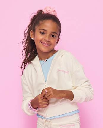 Girls Hello KittyÂ® Embroidered Velour Zip Up Hoodie
