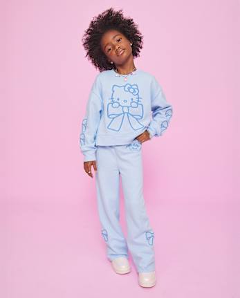 Girls Hello KittyÂ® Embroidered Premium Fleece Wide Leg Lounge Pants