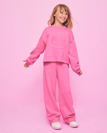 Girls Hello KittyÂ® Embroidered Premium Fleece Wide Leg Lounge Pants