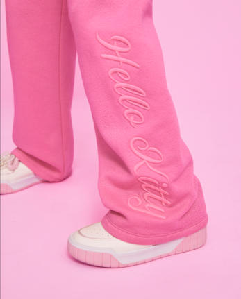 Girls Hello KittyÂ® Embroidered Premium Fleece Wide Leg Lounge Pants