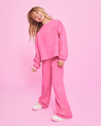 Girls Hello KittyÂ® Embroidered Premium Fleece Wide Leg Lounge Pants