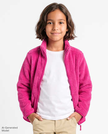 Girls Heavyweight Sherpa Zip Up Jacket - AURORA PINK