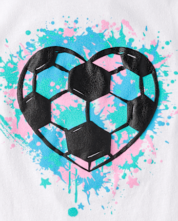 Girls Soccer Ball Heart Puff Print Graphic Tee