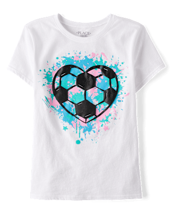 Girls Soccer Ball Heart Puff Print Graphic Tee