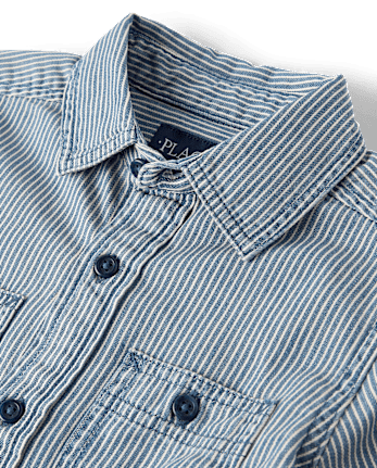 Boys Railroad Stripe Denim Button Up Shirt