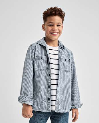 Boys Railroad Stripe Denim Button Up Shirt