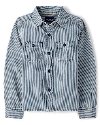 Boys Railroad Stripe Denim Button Up Shirt