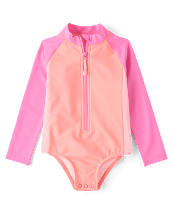 Baby And Toddler Girls Colorblock Half Zip Rashguard One Piece Swimsuit