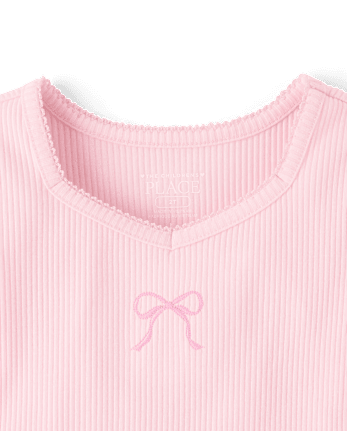 Toddler Girls Embroidered Bow Ribbed Lettuce Tee