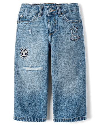 Baby And Toddler Boys Embroidered Varsity Ripped Baggy Jeans