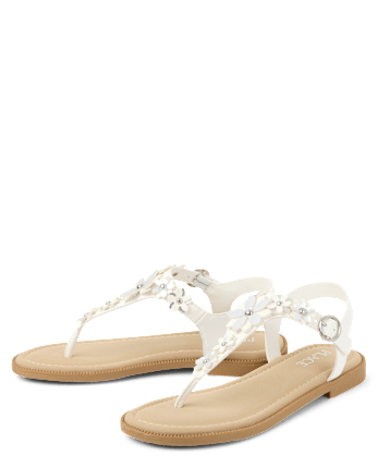 Girls Floral Rhinestone T-Strap Sandals