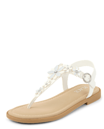 Girls Floral Rhinestone T-Strap Sandals