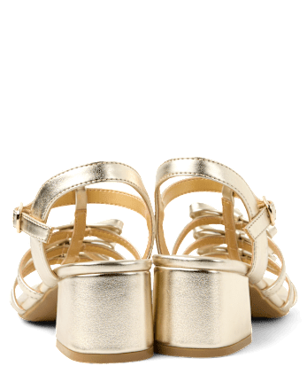 Girls Metallic Bow Block Heels