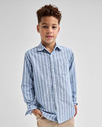 Chemise Oxford rayée à boutons pour garçon, assortie à celle de papa.
