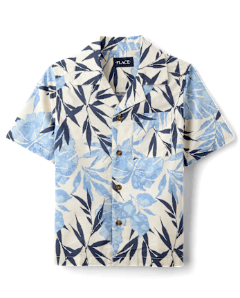 Boys Tropical Leaf Poplin Button Up Shirt