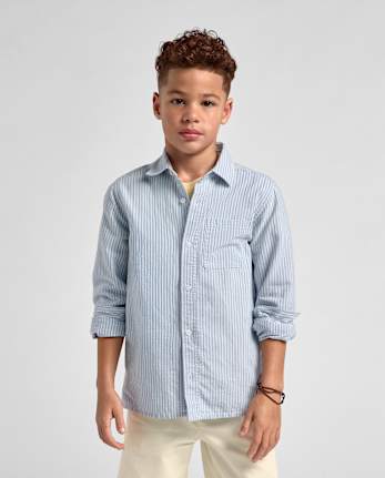 Boys Striped Oxford Button Up Shirt
