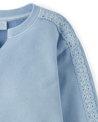 Girls Garment Dyed Crochet Lace Premium Fleece Sweatshirt