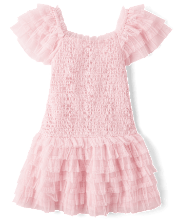 Girls Smocked Tulle Ruffle Dress