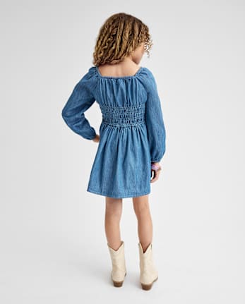Girls Chambray Smocked Dress