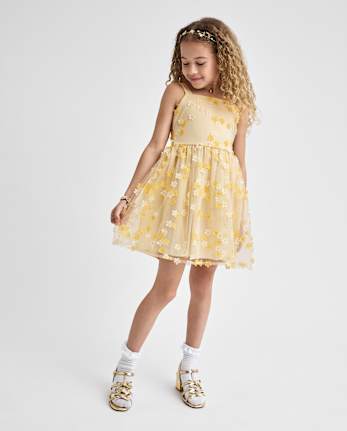 Girls 3D Floral Mesh Fit And Flare Dress
