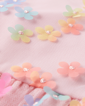 Girls Rainbow 3D Floral Mesh Fit And Flare Dress