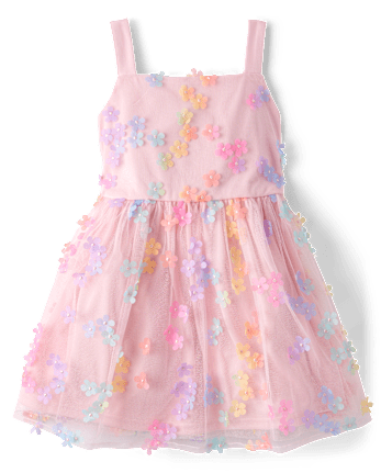 Girls Rainbow 3D Floral Mesh Fit And Flare Dress