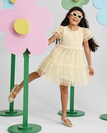 Robe à volants en tulle smocké à paillettes pour filles