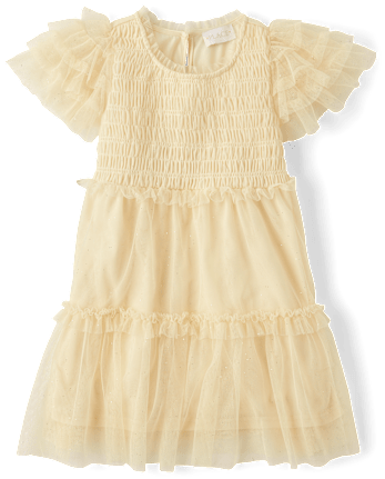 Girls Glitter Smocked Mesh Ruffle Dress