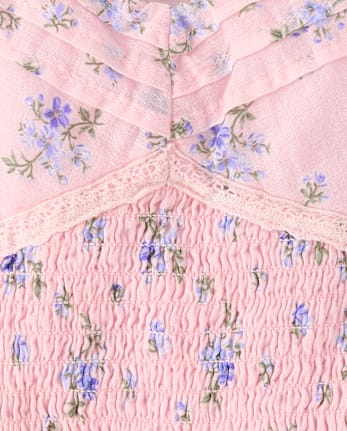 Girls Floral Pleated Smocked Dress