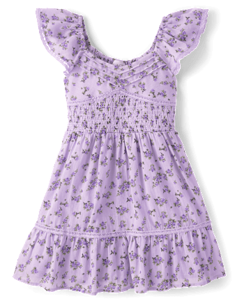 Girls Floral Pleated Smocked Dress