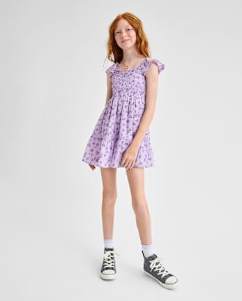 Girls Floral Pleated Smocked Dress