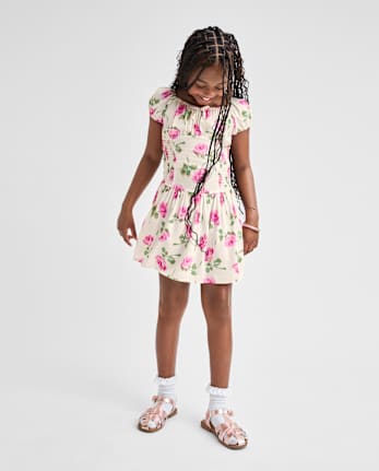 Robe à manches bouffantes smockées à fleurs pour filles