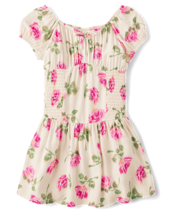 Girls Floral Smocked Puff Sleeve Dress