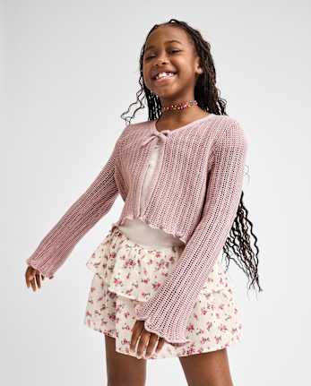 Girls Lettuce Pointelle Cardigan