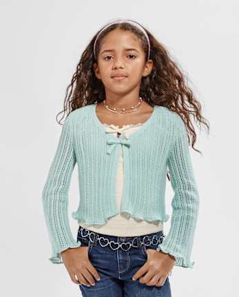 Girls Lettuce Pointelle Cardigan