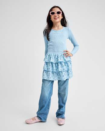 Robe fleurie à volants et taille basse pour fille