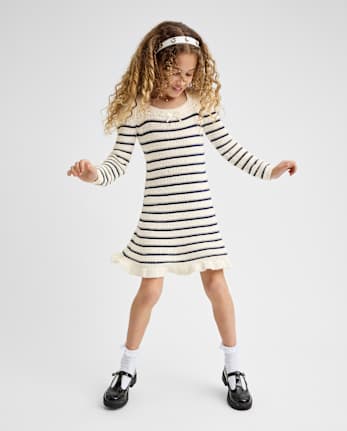 Girls Striped Bow Sweater Dress