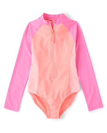 Girls Colorblock Half Zip Rashguard One Piece Swimsuit