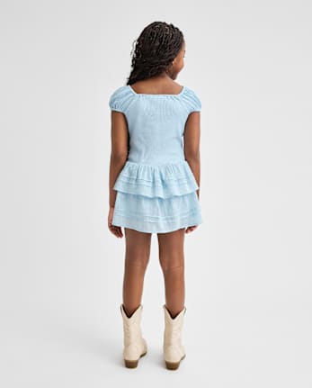 Girls Pleated Tiered V-Waist Dress