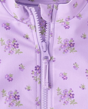 Girls Floral Half Zip Rashguard One Piece Swimsuit