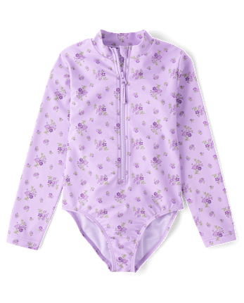 Girls Floral Half Zip Rashguard One Piece Swimsuit