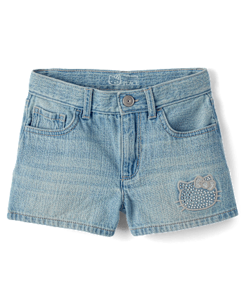 Girls Hello KittyÂ® Rhinestone Denim Shortie Shorts
