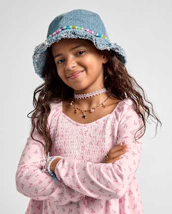 Girls Beaded Denim Bucket Hat