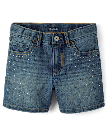 Girls Rhinestone Studded Midi Jean Shorts