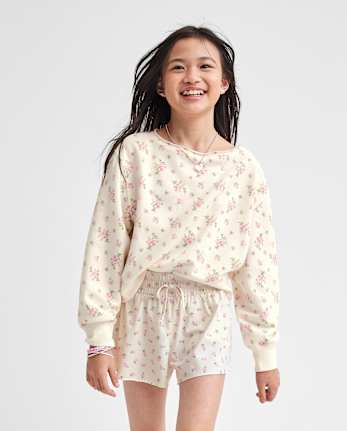 Girls Floral Off Shoulder Fleece Sweatshirt