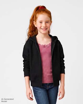 Girls Premium Fleece Zip Up Hoodie - BLACK