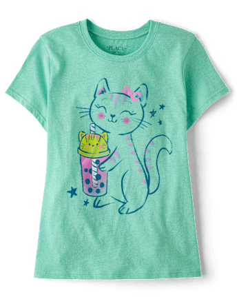 Girls Cat Drink Graphic Tee