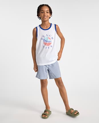 Boys Striped Seersucker Swim Trunks