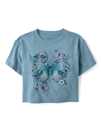 Girls Marled Butterfly Relaxed Cropped Graphic Tee